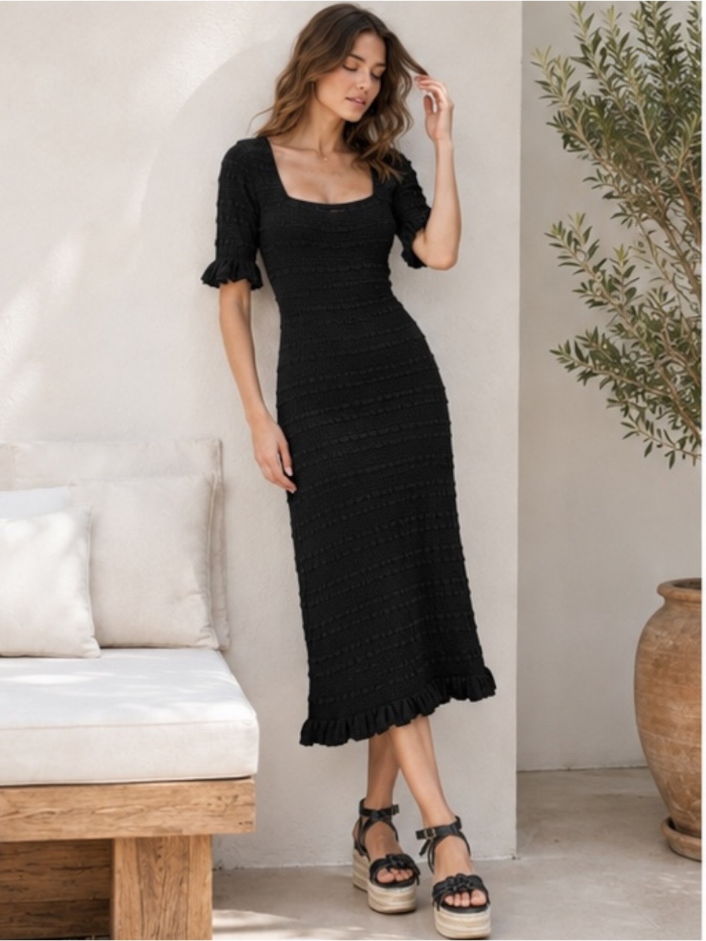 Adam Lippes Black Bodycon Stretch Knit Midi Dress Square Neck Ruffle Hem M